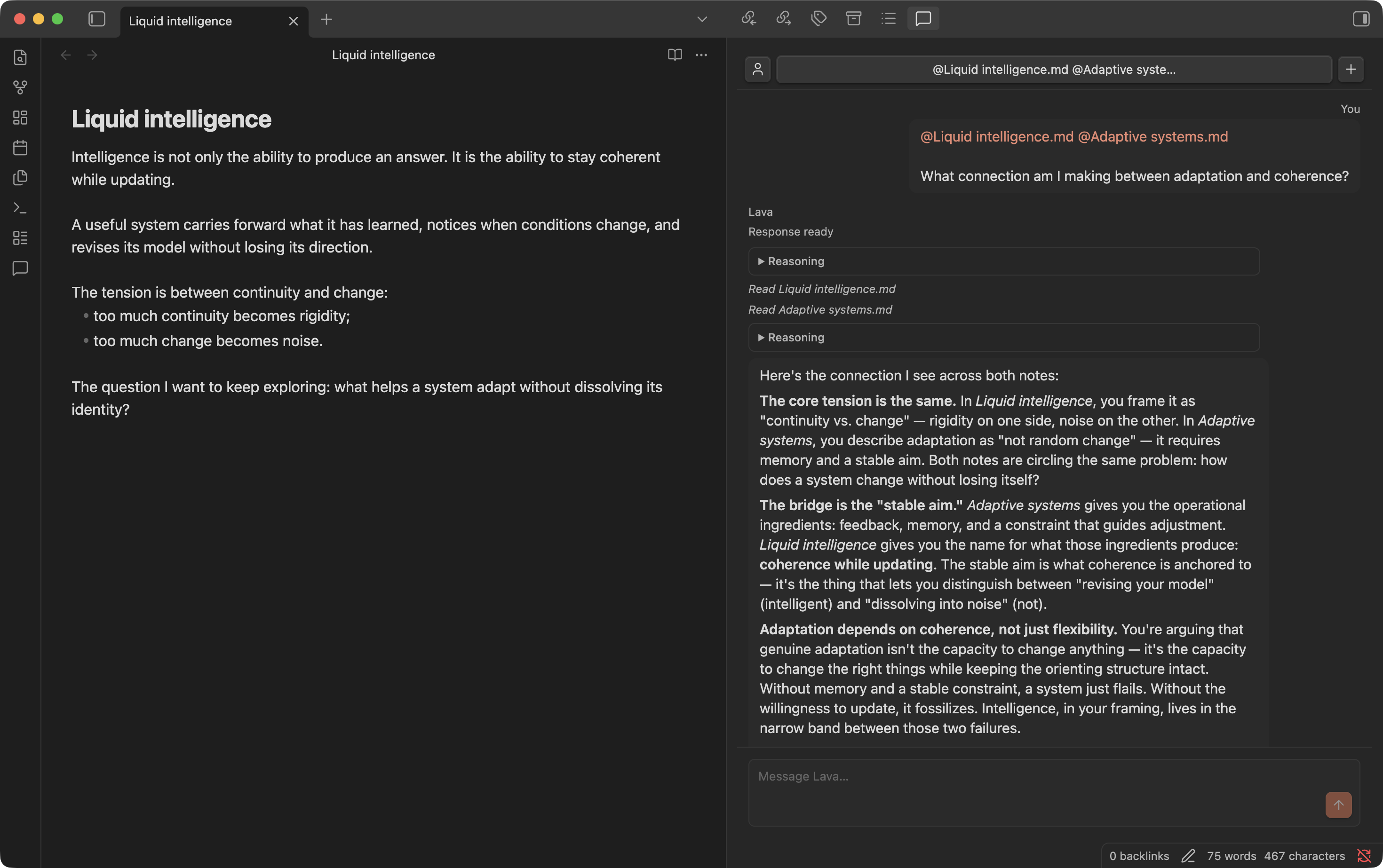 Lava in Obsidian answering a question using the explicitly referenced Liquid intelligence and Adaptive systems notes